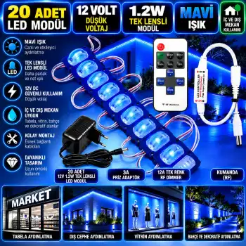 20 Adet 12V 1.2W Dar Açılı Tek Lensli Mavi Led Modül 3A Priz Adaptör 12A Tek Renk RF Dimmer Set
