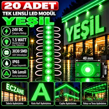20 Adet 24 Volt 1.5 Watt Tek Lensli Yeşil 3030 Led Modül IP65