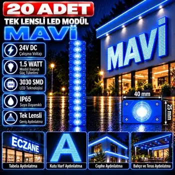 20 Adet 24 Volt 1.5 Watt Tek Lensli Mavi 3030 Led Modül IP65