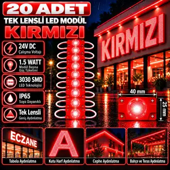 20 Adet 24 Volt 1.5 Watt Tek Lensli Kırmızı 3030 Led Modül IP65