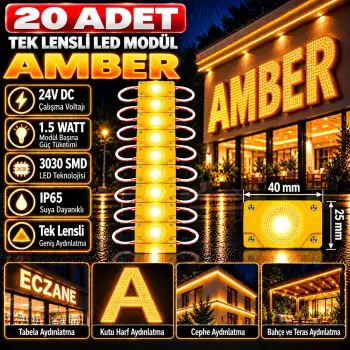20 Adet 24 Volt 1.5 Watt Tek Lensli Sarı - Amber 3030 Led Modül IP65