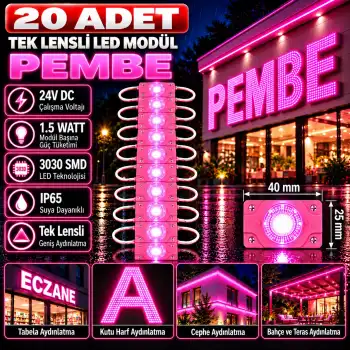 20 Adet 24 Volt 1.5 Watt Tek Lensli Pembe 3030 Led Modül IP65