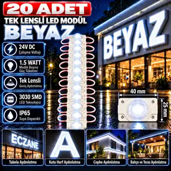 20 Adet 24 Volt 1.5 Watt Tek Lensli Beyaz 3030 Led Modül IP65