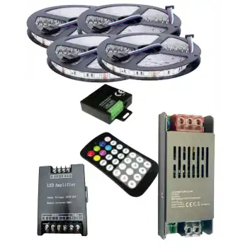 20 Metre 12V 60 Ledli RGB İç Mekan Şerit Led 20A Slim Trafo 36 A 28 Tuş RF Led Kontrol 36 A RGB Amplifier Üniteli Set