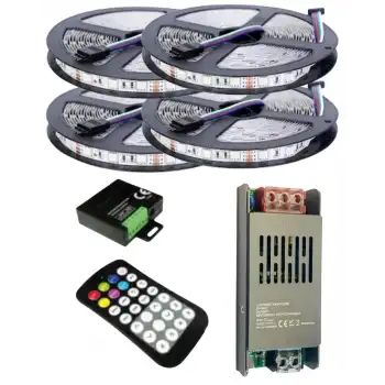 20 Metre 12V 60 Ledli RGB Dış Mekan Silikonlu Şerit Led 20A Slim Trafo 36 A 28 Tuş RF Led Kontrol Üniteli Set