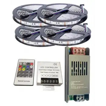 20 Metre 12V 60 Ledli RGB Dış Mekan Silikonlu Şerit Led 20A Slim Trafo 36 A RF Led Kontrol Üniteli Set
