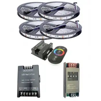 20 Metre 12V 60 Ledli RGB Dış Mekan Silikonlu Şerit Led 20A Slim Trafo 36A Dokunmatik RF Led Kontrol 36A RGB Amplifier Üniteli Set