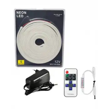 5 Metre 12 Volt 6x12 mm Esnek 6500K Beyaz Neon Led 12A Tek Renk Kumandalı RF Dimmer 3A Plastik Adaptör Set