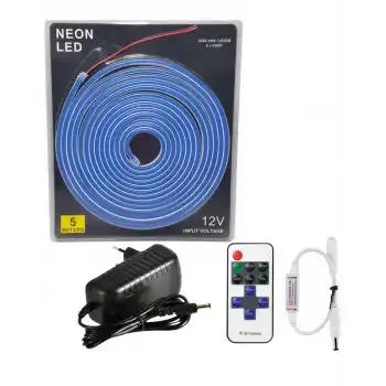 5 Metre 12 Volt 6x12 mm Esnek Mavi Neon Led 12A Tek Renk Kumandalı RF Dimmer 3A Plastik Adaptör Set