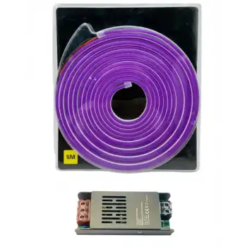 5 Metre 12 Volt 6x12 mm Esnek Mor Neon Led  5A Slim Trafo Set