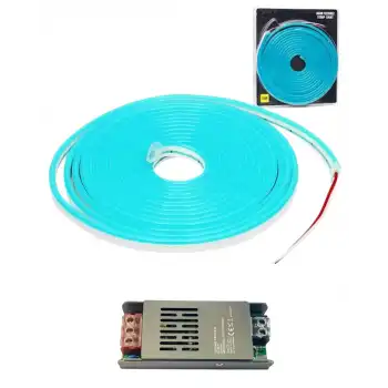 5 Metre 12 Volt 6x12 mm Esnek Turkuaz Neon Led  5A Slim Trafo Set