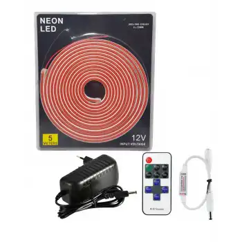 5 Metre 12 Volt 6x12 mm Esnek Pembe Neon Led 12A Tek Renk Kumandalı RF Dimmer 3A Plastik Adaptör Set