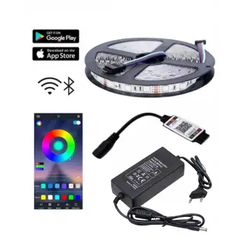 5 Metre 12V 120 Ledli RGB İç Mekan Şerit Led 5A Plastik Adaptör Bluetoothlu Telefondan Led Kontrol Üniteli Set