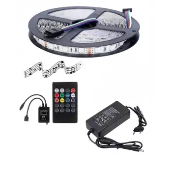 5 Metre 12V 120 Ledli RGB İç Mekan Şerit Led 5A Plastik Adaptör Sese ve Müziğe Duyarlı Led Kontrol Üniteli Set