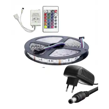 5 Metre 12V 60 Ledli RGB Dış Mekan Silikonlu Şerit Led 3A Plastik Adaptör 24 Tuşlu IR Led Kontrol Üniteli Set