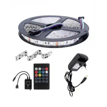 5 Metre 12V 60 Ledli RGB Dış Mekan Şerit Led 4A Plastik Adaptör Sese ve Müziğe Duyarlı Led Kontrol Üniteli Set