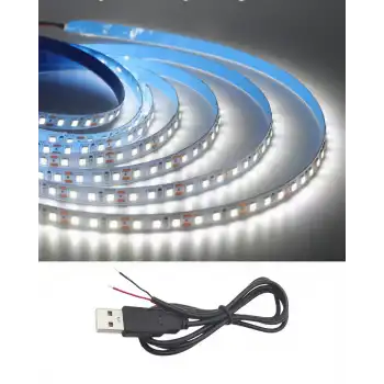 5 Metre 5 Volt 2835 SMD 6500 K Beyaz İç Mekan 60 Ledli Şerit USB li Siyah Güç Kablosu Set