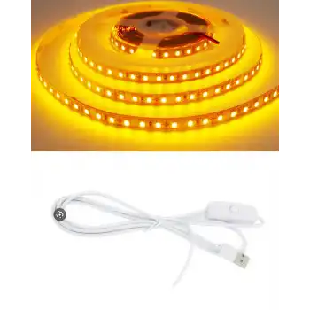 5 Metre 5 Volt 2835 SMD Amber İç Mekan 60 Ledli Şerit USB li Anahtarlı Beyaz Güç Kablosu Set