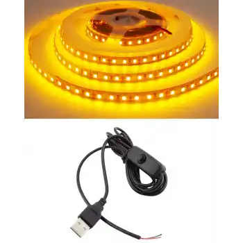 5 Metre 5 Volt 2835 SMD Amber İç Mekan 60 Ledli Şerit USB li Anahtarlı Siyah Güç Kablosu Set