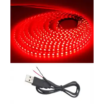 5 Metre 5 Volt 2835 SMD Kırmızı İç Mekan 60 Ledli Şerit USB li Siyah Güç Kablosu Set