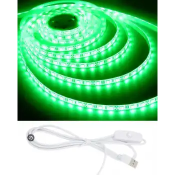 5 Metre 5 Volt 2835 SMD Yeşil İç Mekan 60 Ledli Şerit USB li Anahtarlı Beyaz Güç Kablosu Set