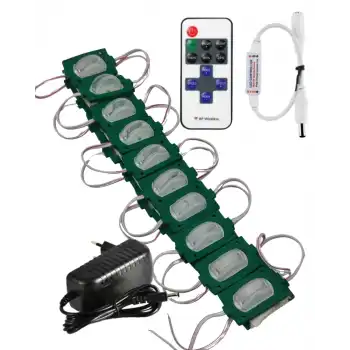 20 Adet 12 Volt 1.2 Watt Dar Açılı Tek Lensli Yeşil Led Modül 12A Tek Renk RF Dimmer 2A Priz Tipi Adaptör Set