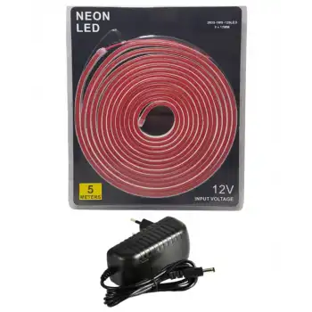5 Metre 12 Volt 6x12 mm Esnek Neon Led Kırmızı 3A Plastik Adaptör Set