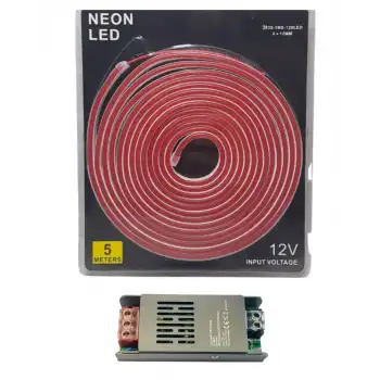 5 Metre 12 Volt 6x12 mm Esnek Neon Led Kırmızı 5A Slim Trafo Set