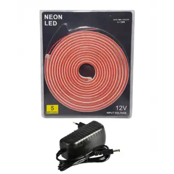 5 Metre 12 Volt 6x12 mm Esnek Pembe Neon Led  3A Plastik Adaptör Set