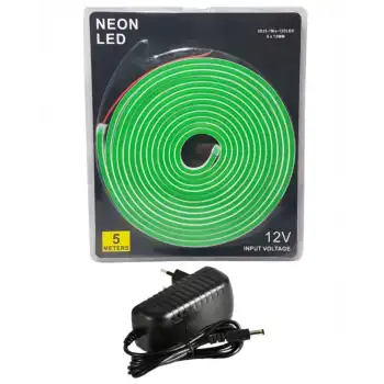 5 Metre 12 Volt 6x12 mm Esnek Yeşil Neon Led  3A Plastik Adaptör Set