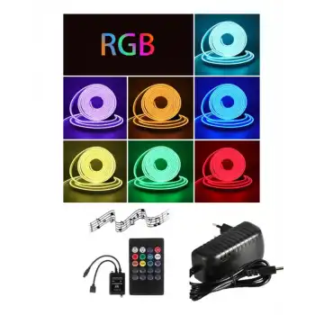 5 Metre 12 Volt 6x12 mm Esnek RGB Neon Led Sese ve Müziğe Duyarlı IR Kumanda 3A Plastik Adaptör Set