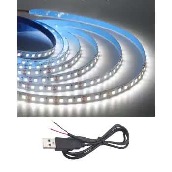 5 Metre 5 Volt 2835 SMD 6500 K Beyaz İç Mekan 60 Ledli Şerit USB li Siyah Güç Kablosu Set