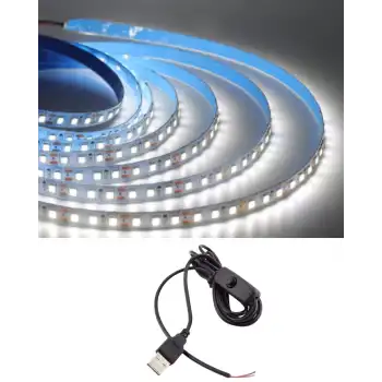 5 Metre 5 Volt 2835 SMD 6500 K Beyaz İç Mekan 60 Ledli Şerit USB li Anahtarlı Siyah Güç Kablosu Set