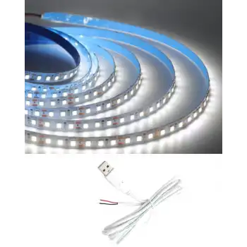 5 Metre 5 Volt 2835 SMD 6500 K Beyaz İç Mekan 60 Ledli Şerit USB li Beyaz Güç Kablosu Set