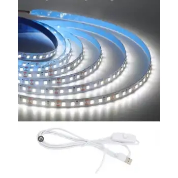 5 Metre 5 Volt 2835 SMD 6500 K Beyaz İç Mekan 60 Ledli Şerit USB li Anahtarlı Beyaz Güç Kablosu Set