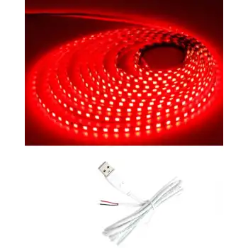 5 Metre 5 Volt 2835 SMD Kırmızı İç Mekan 60 Ledli Şerit USB li Beyaz Güç Kablosu Set
