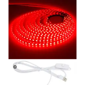 5 Metre 5 Volt 2835 SMD Kırmızı İç Mekan 60 Ledli Şerit USB li Anahtarlı Beyaz Güç Kablosu Set
