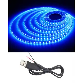 5 Metre 5 Volt 2835 SMD Mavi İç Mekan 60 Ledli Şerit USB li Siyah Güç Kablosu Set