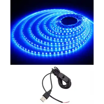 5 Metre 5 Volt 2835 SMD Mavi İç Mekan 60 Ledli Şerit USB li Anahtarlı Siyah Güç Kablosu Set