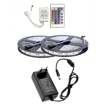 10 Metre 12V 60 Ledli RGB İç Mekan Şerit Led 5A Priz Tipi Plastik Adaptör 24 Tuşlu IR Led Kontrol Üniteli Set