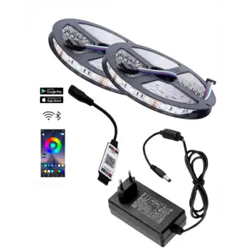 10 Metre 12V 60 Ledli RGB İç Mekan Şerit Led 5A Priz Tipi Plastik Adaptör Bluetoothlu Telefondan Led Kontrol Üniteli Set