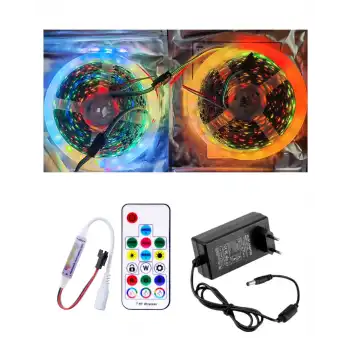 10 Metre 12V Dış Mekan 60 Pixel Ledli 17 Tuşlu Sese ve Müziğe Duyarlı RF Kumandalı 5A Priz Tipi Plastik Adaptörlü Set