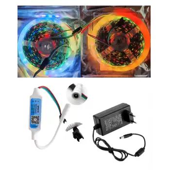 10 Metre 12V İç Mekan 60 Pixel Ledli Bluetooth Cep Telefonundan Kumandalı 5A Priz Tipi Plastik Adaptörlü Set
