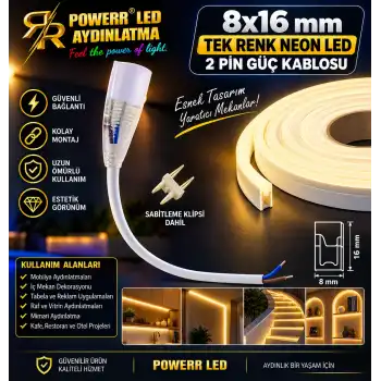 8x16 mm Tek Renk Neon Led Güç Kablosu 2 Pin