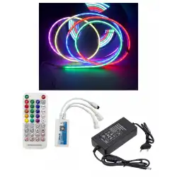 10 Metre 12 Volt 6x12 mm 120 Ledli Argb Pixel Neon SP611E Bluetoothlu Sese Duyarlı Çift Çıkış Kumanda 8A Plastik Trafo Set