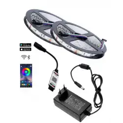 10 Metre 12V 60 Ledli RGB Dış Mekan Şerit Led 5A Priz Tipi Plastik Adaptör Bluetoothlu Telefondan Led Kontrol Üniteli Set