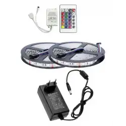 10 Metre 12V 60 Ledli RGB Dış Mekan Silikonlu Şerit Led 5A Priz Tipi Plastik Adaptör 24 Tuşlu IR Led Kontrol Üniteli Set