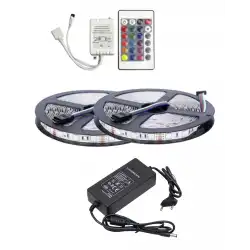 10 Metre 12V 60 Ledli RGB İç Mekan Şerit Led 5A Plastik Adaptör 24 Tuşlu IR Led Kontrol Üniteli Set