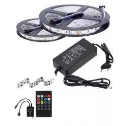 10 Metre 12V 120 Ledli RGB İç Mekan Şerit Led 8A Plastik Adaptör Sese ve Müziğe Duyarlı Led Kontrol Üniteli Set