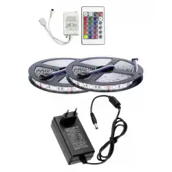 10 Metre 12V 60 Ledli RGB İç Mekan Şerit Led 5A Priz Tipi Plastik Adaptör 24 Tuşlu IR Led Kontrol Üniteli Set